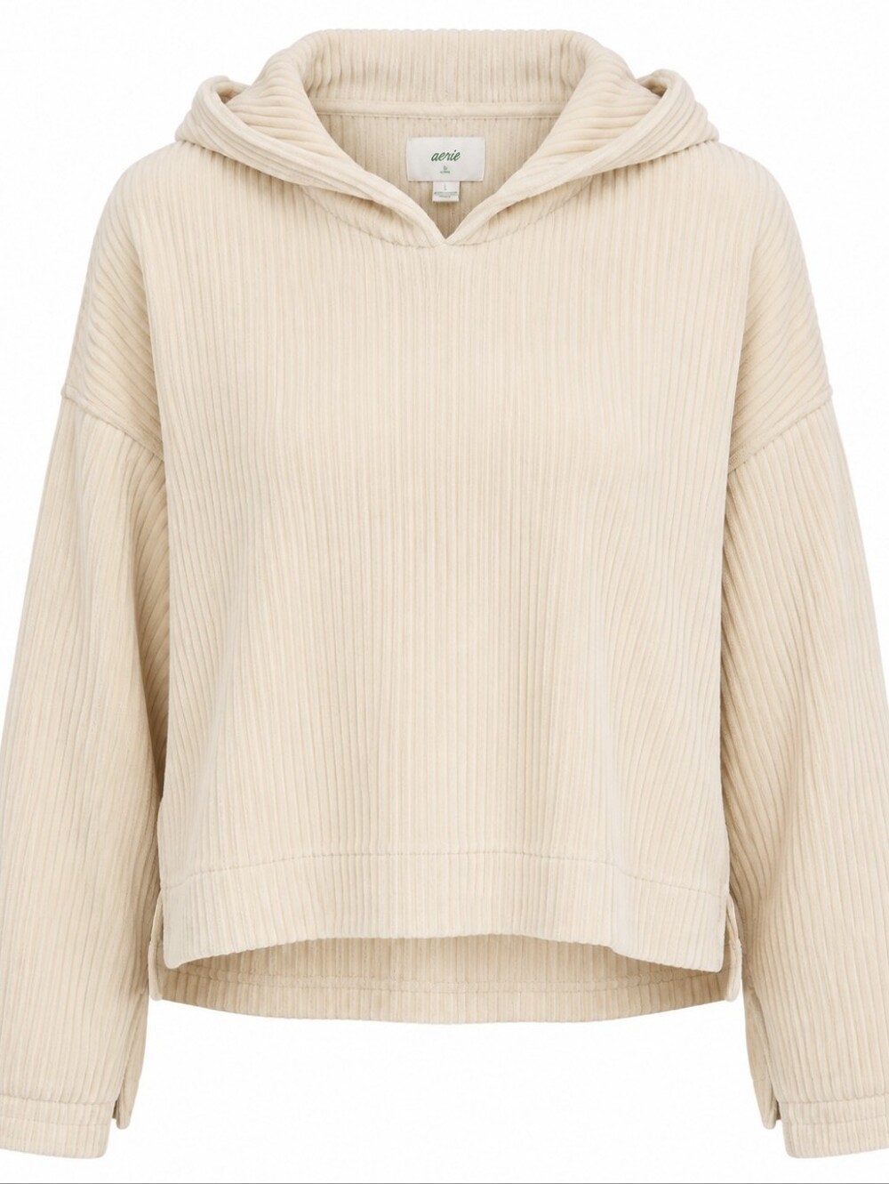 AERIE | Minimalist Cozy Velour Cropped Cream Ribbed‎ Hygge Neutral Hoodie | L